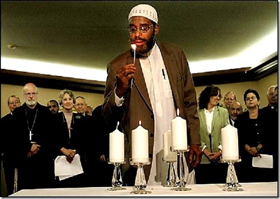 CV --   Brookline, MA., 09/11/06,  Interreligious leader and representatives in Massachusetts gathered together at the Greek diocesan headquarters to mark the fifth anniversary of 9/11. Prayers were said and candles were lit in remembrance.  Imam Abdullah Faaruuq, cq,  representing the Islamic Council of New England lit a candle.  Section: Metro, Reporter: Paulsen. Suzanne Kreiter/Globe staff.
